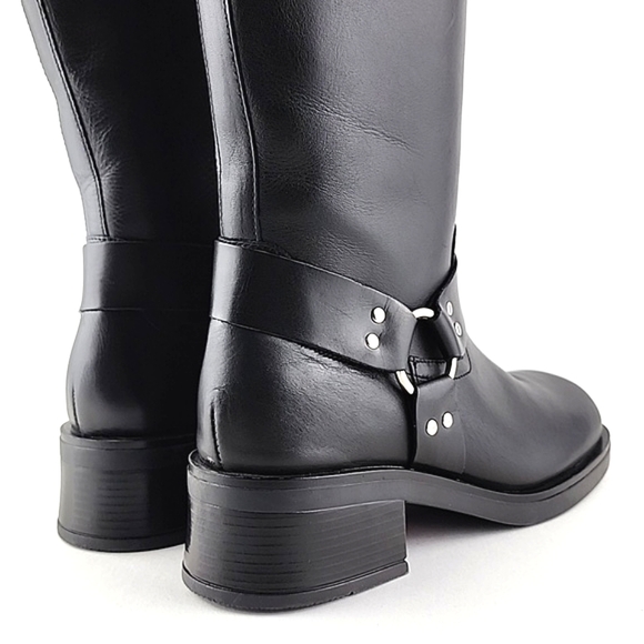 Yokono Women's Tall Black Leather Riding Biker Boots Strap Buckle Block Heel 39 - Picture 6 of 16